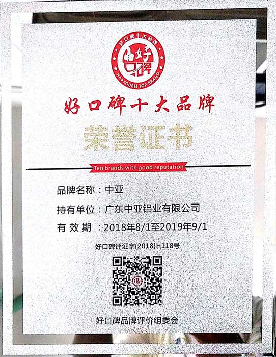 工业铝型材定制开模荣誉证书-好口碑十大品牌